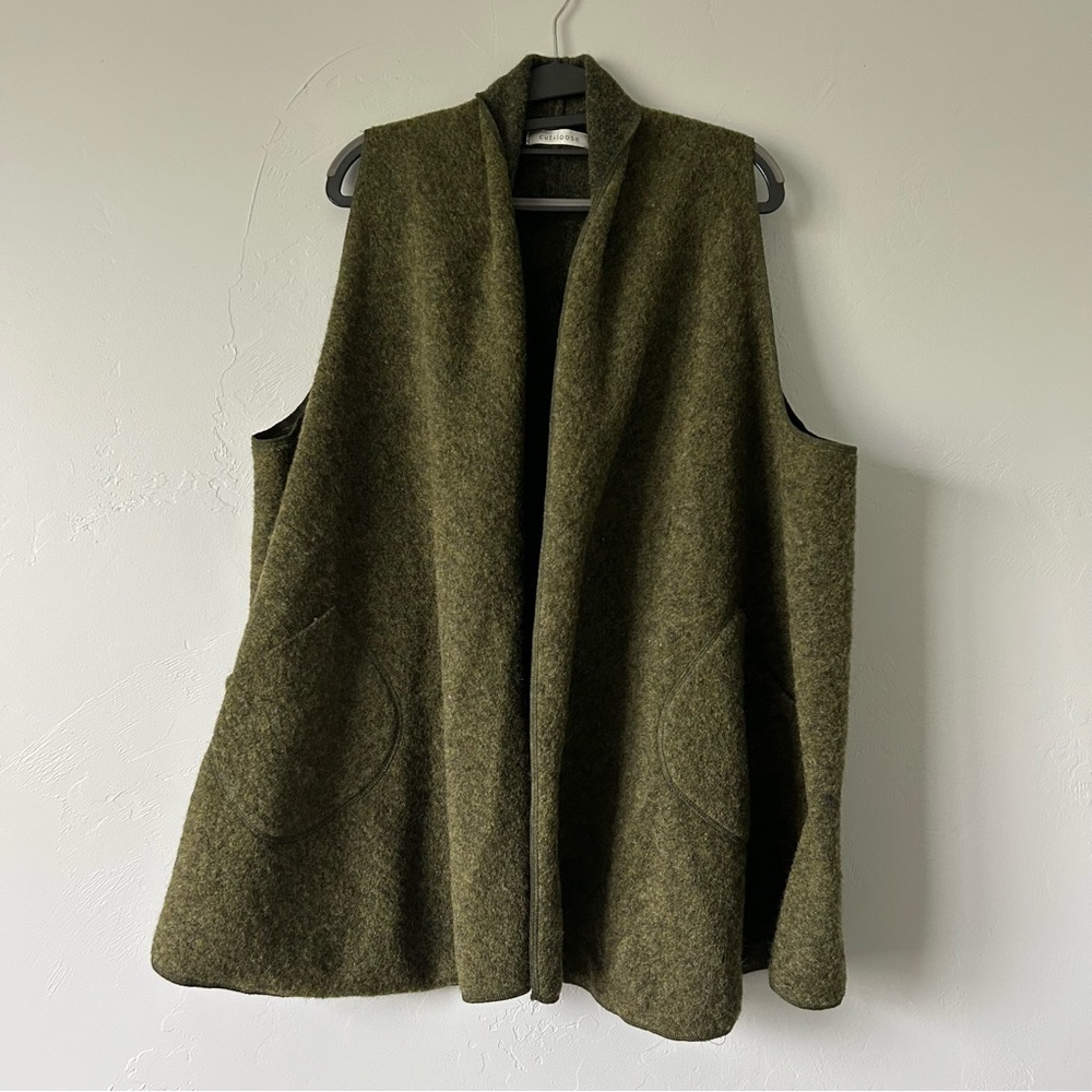 Cut Loose Green Boiled Wool Open Front Cardigan Sweater Vest Layering Lagenlook